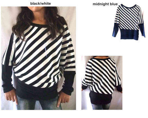 Striped Knitwear Round Neck Bat Sleeve Size(32-40) Color BLACK/WHITE