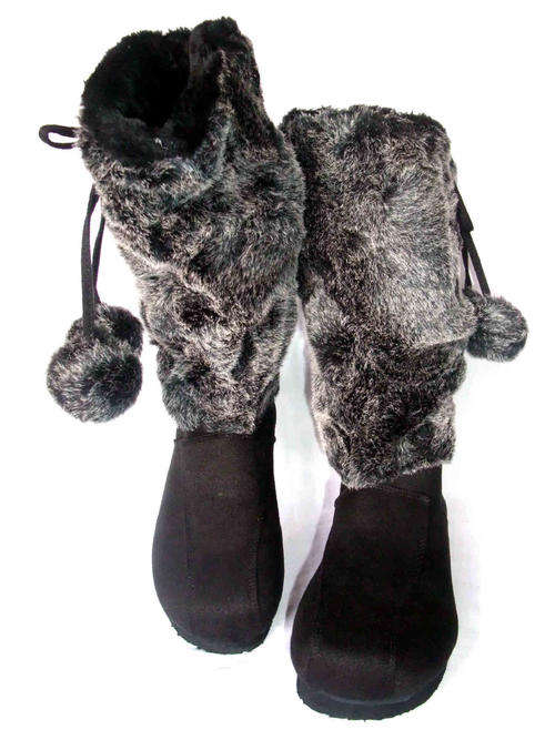 Warm Faux Fur Pom Pom Balls Boots Black Size 3