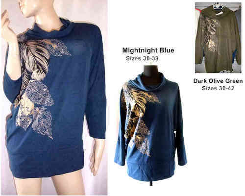 100% Cotton Eye Catching Turtleneck Long 3/4 Sleeve Top 2 Colors Sizes 30-42