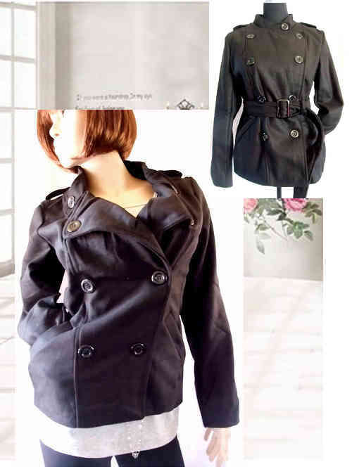 ** WINTER CLEARANCE ** Fashion Woman's Cotton Coat Jacket Double Breasted w Belt Black Size 36/38