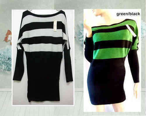 * * WINTER CLEARANCE * * Wool Stripe Sweater Dress Bat Sleeve Boat Neck 1Size (34-42) White/Black
