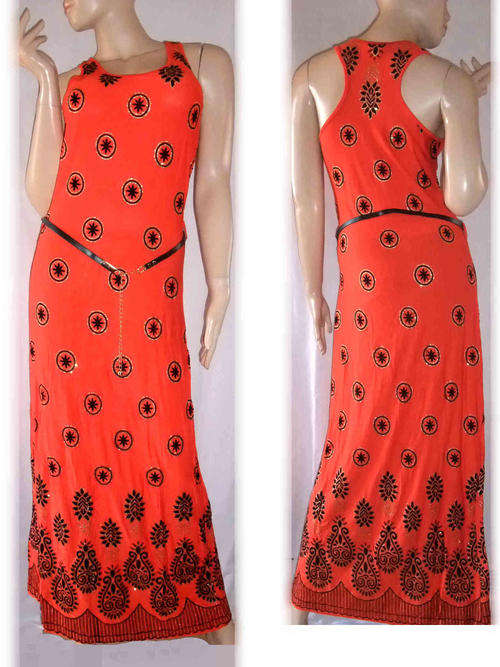 Stunning Cotton Maxi Dress W Belt Reddish Orange Size 30/32