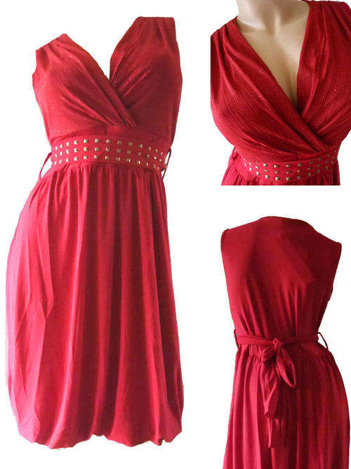 Elegant V Neck Bubble Hem Knee Length Dress Wine Red Sizes 30-36