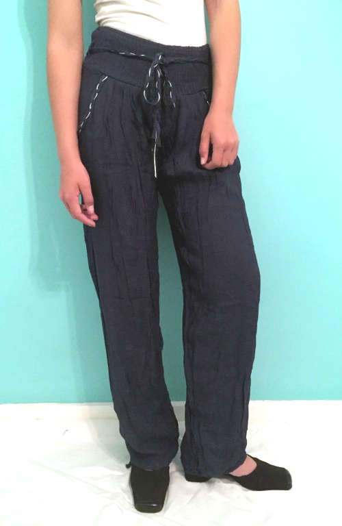 Elegant Elastic Waist Pants Adjustable Hem Midnight Blue , Black Sizes 30-40