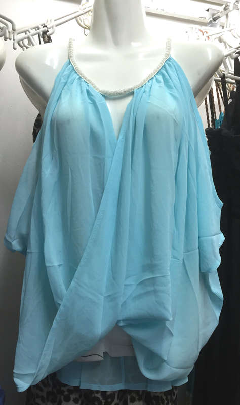 Bare Shoulder Loose Front Cross Top Size 42-44 Color Sky Blue