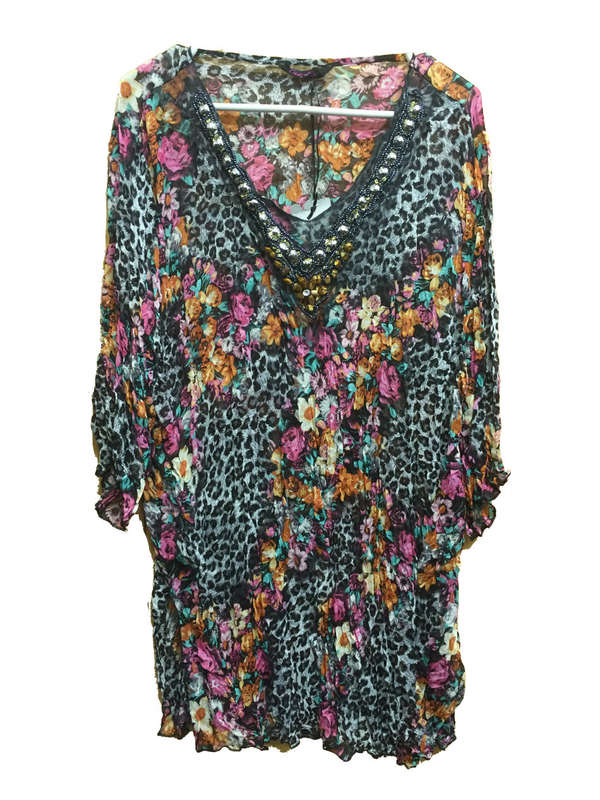 Jeweled Neckline V Neck Long Blouse Size 42-44