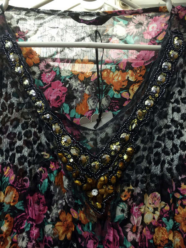 Jeweled Neckline V Neck Long Blouse Size 42-44