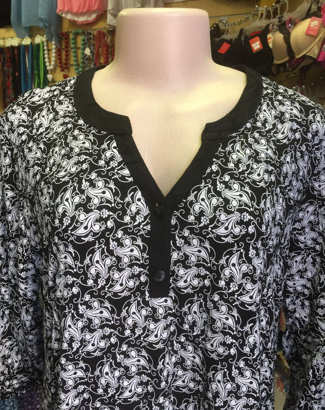 3/4 Sleeve Notch Neck Printed Tunic Black Size 42-44