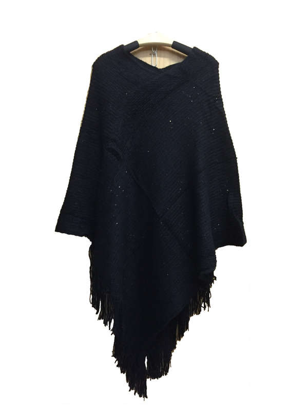 Acrylic Poncho with Fringe and Sequins One Size Colors Available: Red,Navy Blue