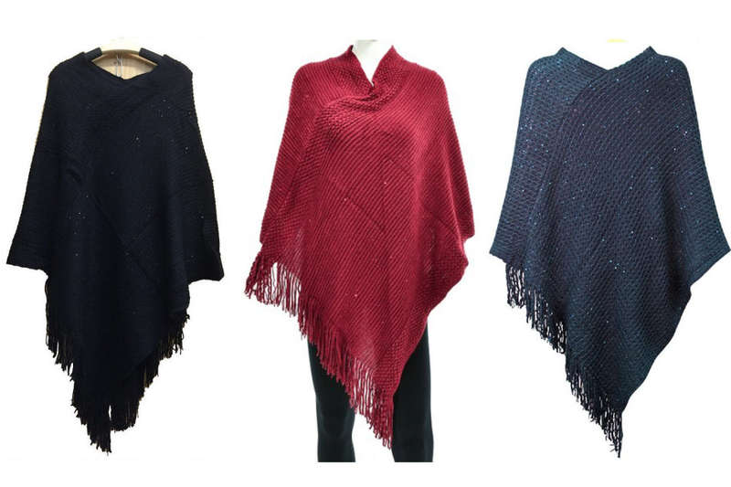 Acrylic Poncho with Fringe and Sequins One Size Colors Available: Red,Navy Blue