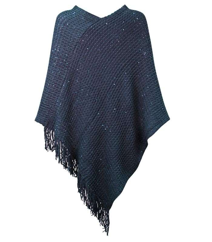 Acrylic Poncho with Fringe and Sequins One Size Colors Available: Red,Navy Blue