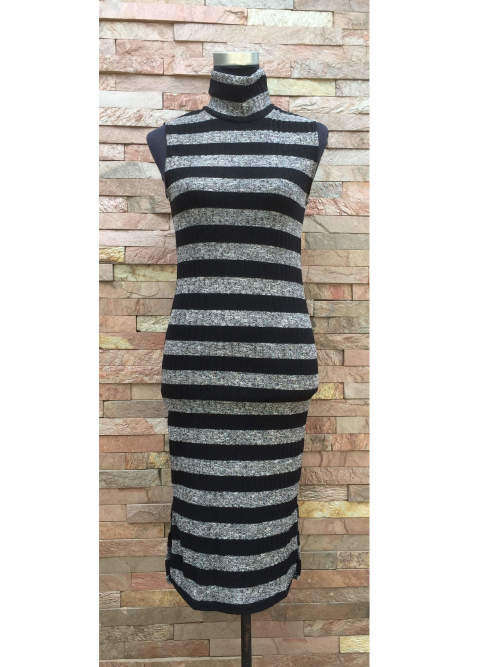 Sleeveless Striped High Neck Jersey Dress Colors:Navy Sizes 30,32,38,Black Sizes 30,32,36,38