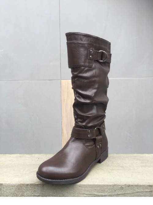 Wide Calf High Leg boots Low Heel With Buckles Brown Sizes 3,4,5,6,8