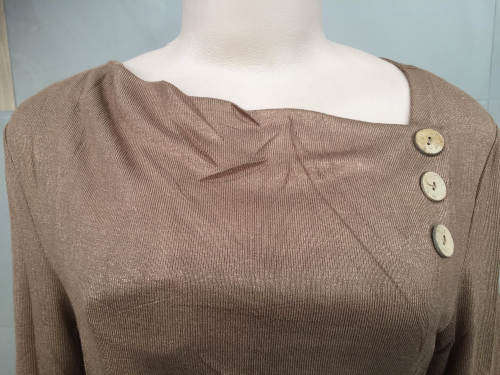 Unbalanced Neckline Side Gathered Ruched Shirt Colors Camel Sizes 32 - 42, Black Sizes 32 - 40