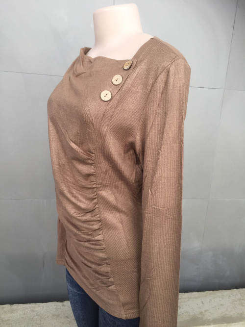 Unbalanced Neckline Side Gathered Ruched Shirt Colors Camel Sizes 32 - 42, Black Sizes 32 - 40