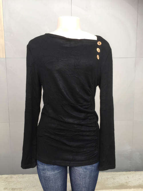 Unbalanced Neckline Side Gathered Ruched Shirt Colors Camel Sizes 32 - 42, Black Sizes 32 - 40
