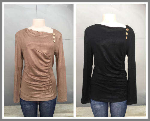 Unbalanced Neckline Side Gathered Ruched Shirt Colors Camel Sizes 32 - 42, Black Sizes 32 - 40