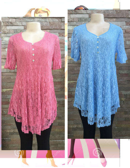 *** New Arrivals 2017 *** Lined Laced Short Sleeve Tunics Pink Sizes 36 to 44 Blue Sizes 36/38,42,46