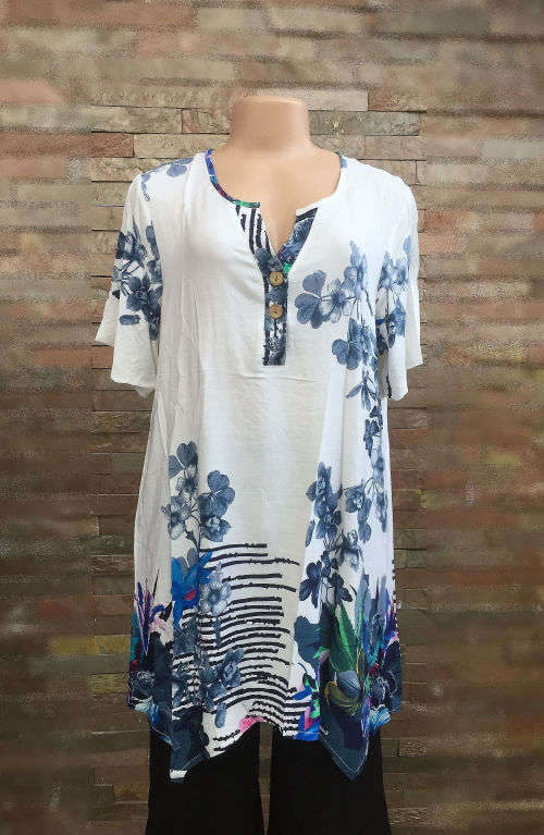 New Arrival 2017 - Elegant Floral Print Long Tunic Top Curved Hem 2 Colors Available Sizes 34 - 42