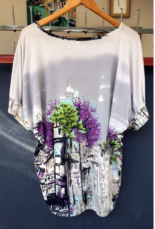 Multicolour Short Sleeves Landscape Painting Print Top Size XL