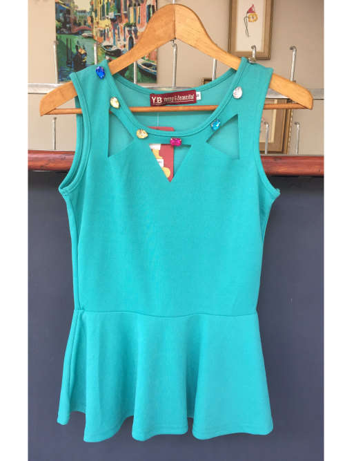 " CLEARANCE " Jewel Neck Peplum Top Teal Size S