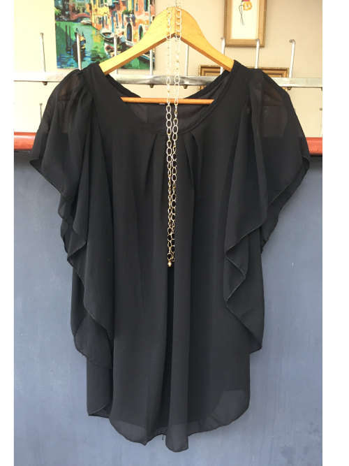 "CLEARANCE" Chiffon Flare Black Top Lined With Chain Belt Size XL