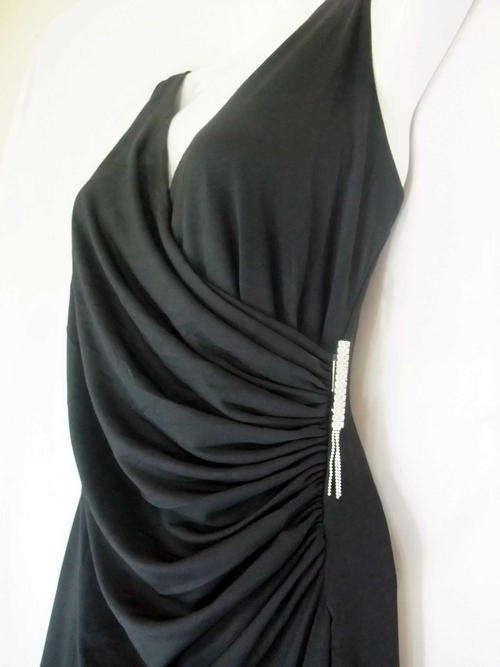 ELEGANT Black V Cut Long Evening Dress Diamond Clasp,M