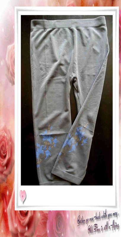 Below Knee Grey Leggings With Gold/Blue Floral Glitter Detail