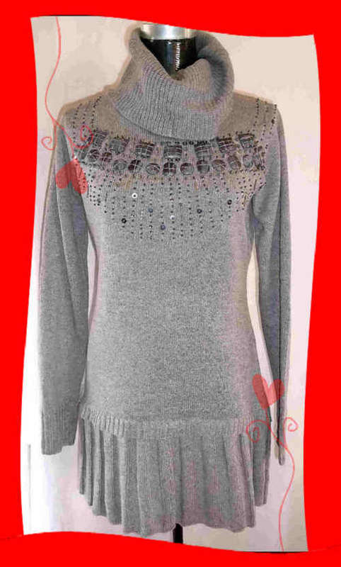 Turtleneck Elegant Long Jersey Dress With Pretty Pattern Color: Grey