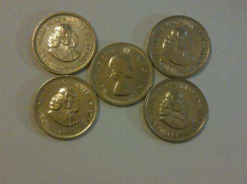 5 x EXQUISITE AND RARE SOUTH AFRICA SHILLING AND TEN CENTS 1960-1964. BID PER COIN. CRAZY R1 START..