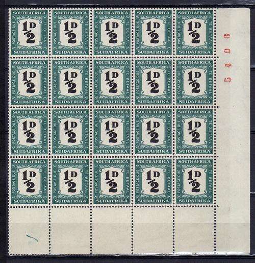 1948  Postage due ÃÂ½d  unhyphenated block of 20 with variety