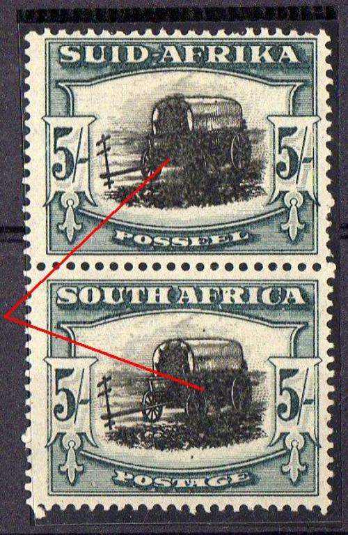 SA 1933 5 shillings LMM vertical pair with  Variety heavy smudging of the black centres.