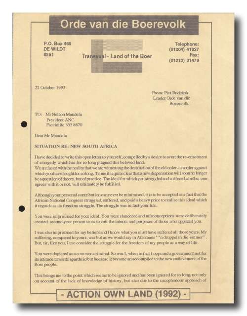 Rare Nelson Mandela and Rightwinger Piet Skiet Rudolph`s correspondence over Freedom with signatures