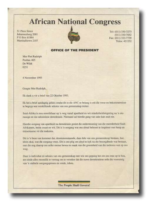 Rare Nelson Mandela and Rightwinger Piet Skiet Rudolph`s correspondence over Freedom with signatures