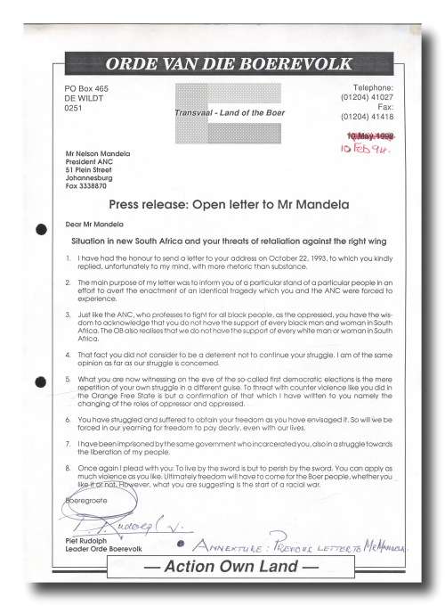 Rare Nelson Mandela and Rightwinger Piet Skiet Rudolph`s correspondence over Freedom with signatures