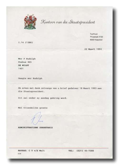 Rightwinger Piet Skiet Rudolph congratulating FW de Klerk on his Birthday and Acknowlegement letter