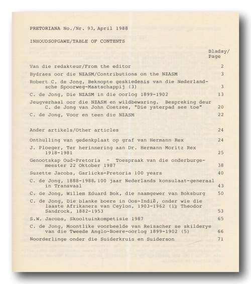 Pretoriana No 93 - 1988: Tydskrif vd Genootskap Oud-Pretoria/Journal of the Old Pretoria Society