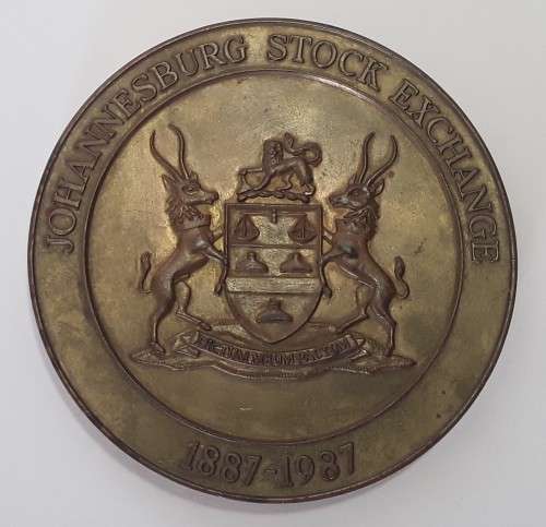 A large, heavy bronze centenary commemorative medal `Johannesburg Stock Exchange 1887-1987`.