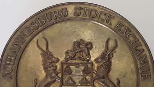 A large, heavy bronze centenary commemorative medal `Johannesburg Stock Exchange 1887-1987`.