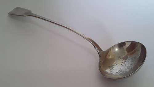 Antique huge silver-plated sauce/soup ladle by `William Hutton and Sons`. Late 19th Century.