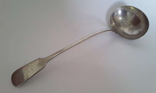 Antique huge silver-plated sauce/soup ladle by `William Hutton and Sons`. Late 19th Century.
