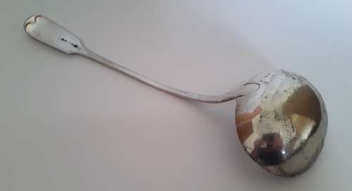 Antique huge silver-plated sauce/soup ladle by `William Hutton and Sons`. Late 19th Century.