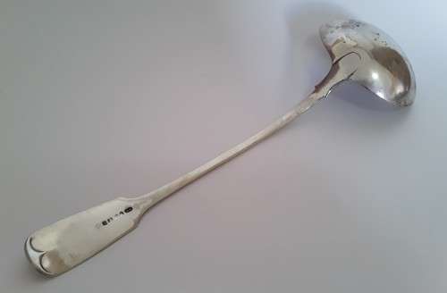 Antique huge silver-plated sauce/soup ladle by `William Hutton and Sons`. Late 19th Century.