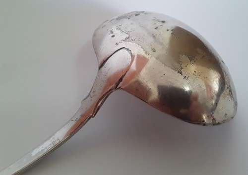 Antique huge silver-plated sauce/soup ladle by `William Hutton and Sons`. Late 19th Century.