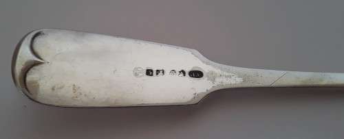 Antique huge silver-plated sauce/soup ladle by `William Hutton and Sons`. Late 19th Century.
