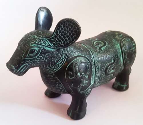 Antique Chinese Verdigris Bronze of a `Malayan Tapir`. Archaic Style.
