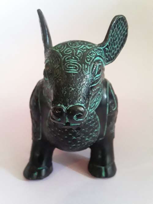Antique Chinese Verdigris Bronze of a `Malayan Tapir`. Archaic Style.