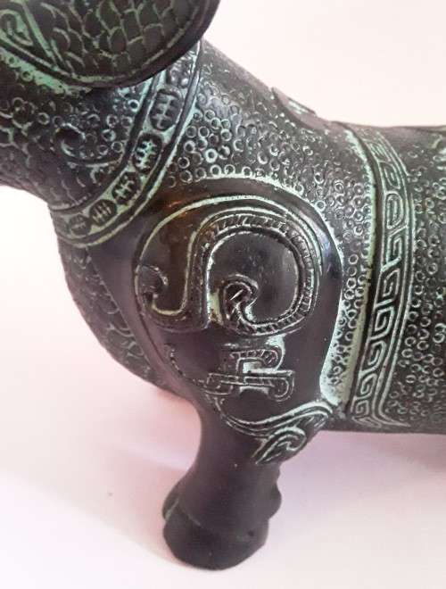 Antique Chinese Verdigris Bronze of a `Malayan Tapir`. Archaic Style.