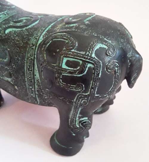 Antique Chinese Verdigris Bronze of a `Malayan Tapir`. Archaic Style.
