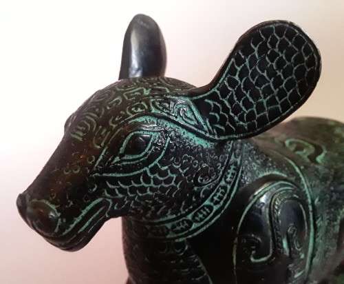 Antique Chinese Verdigris Bronze of a `Malayan Tapir`. Archaic Style.